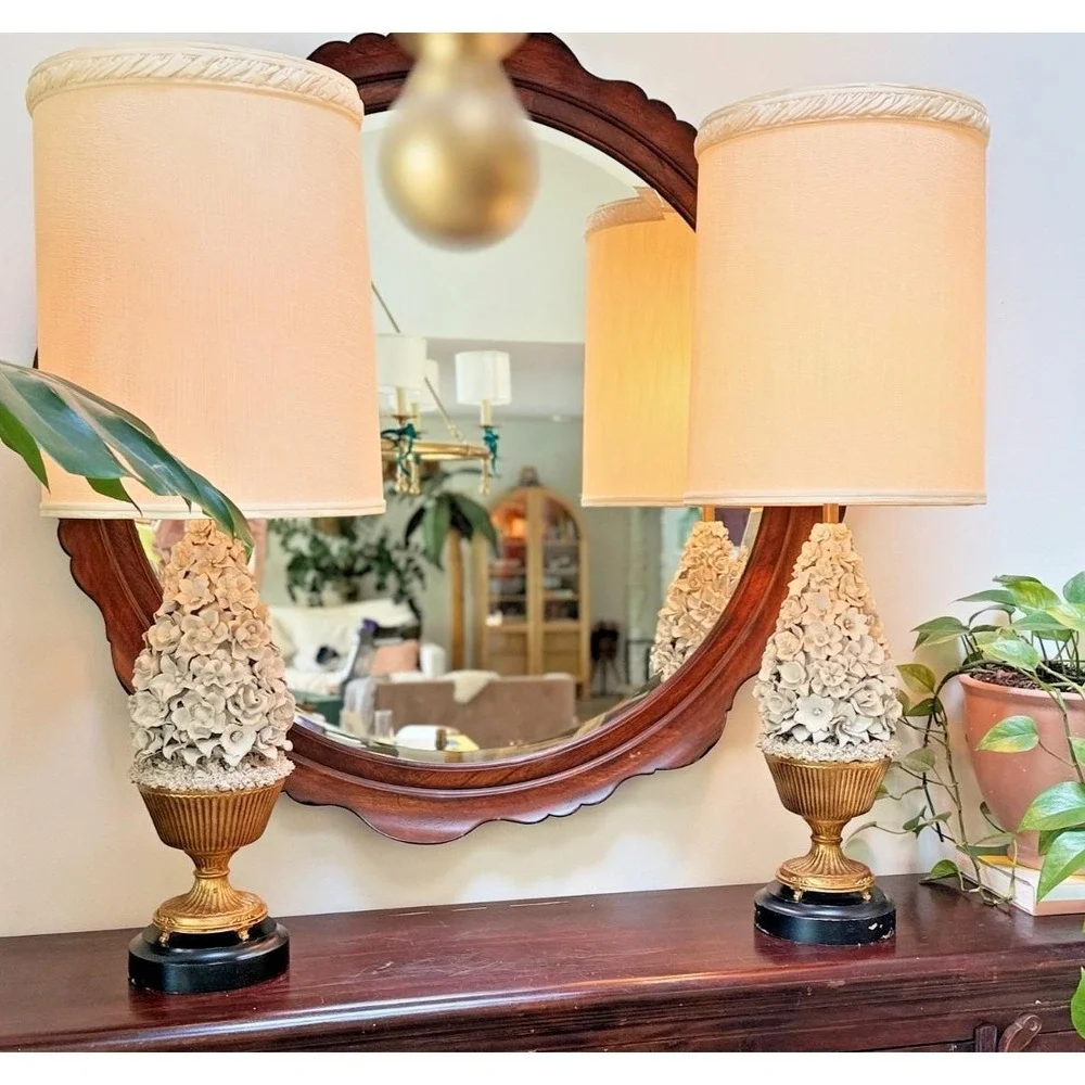 Rare Pair Vintage Porcelain Floral Table Lamps Ceramic‎ Casa Pupo Manises